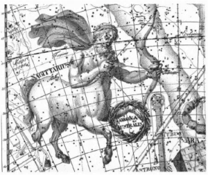 Il Sagittario, l'arciere simile al centauro, che tende l'arco in Uranographia di Johann Bode.